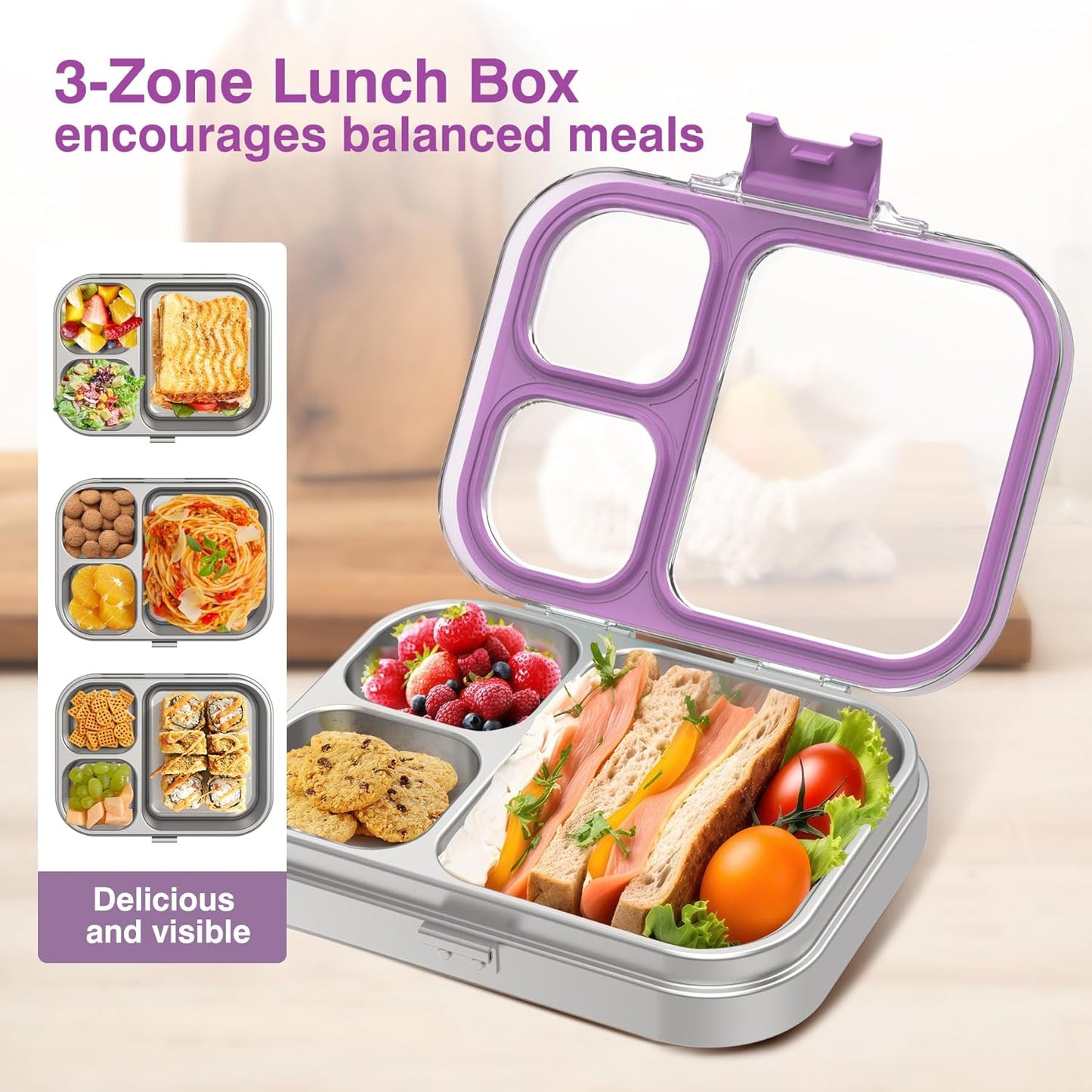 HOMEKOL Stainless Steel Bento Lunch Box, 3-Compartment Leak-Proof Lunch Container for Kids & Adults, BPA/BPS-Free 304 Metal Food Box, Dishwasher Safe, Clear Tritan Lid, Green (Not Insulated)