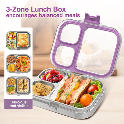 HOMEKOL Stainless Steel Bento Lunch Box, 3-Compartment Leak-Proof Lunch Container for Kids & Adults, BPA/BPS-Free 304 Metal Food Box, Dishwasher Safe, Clear Tritan Lid, Green (Not Insulated)