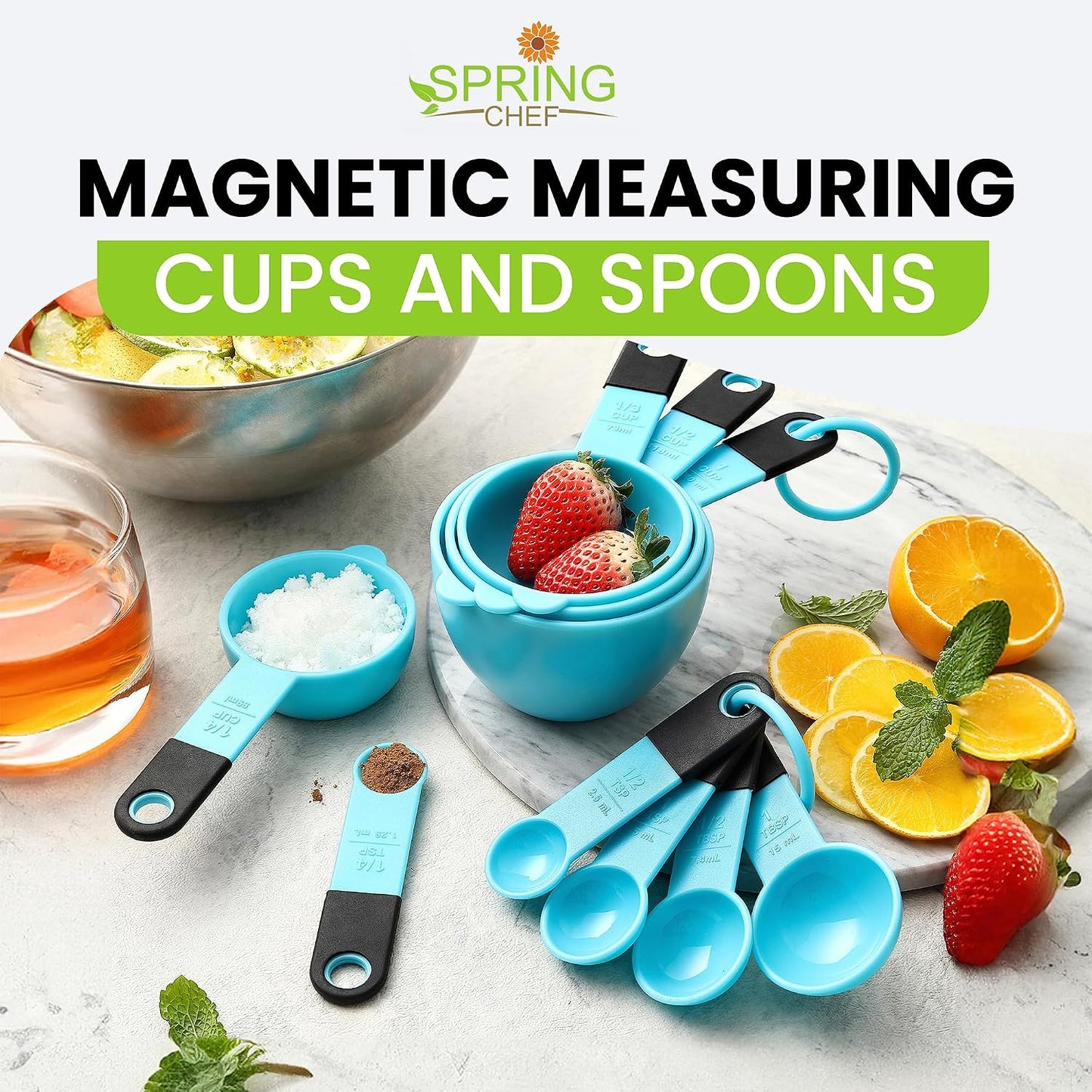 Spring Chef Magnetic Measuring Cups and Spoons Set of 9, Nesting Kitchen Tool with Easy to Read Markings for Measuring Dry or Liquid Ingredient, BPA Free, Black