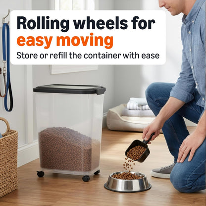 Amazon Basics Pet Food Storage Container with Rolling Wheels, BPA-Free, Detachable Scoop, 50lbs Capacity