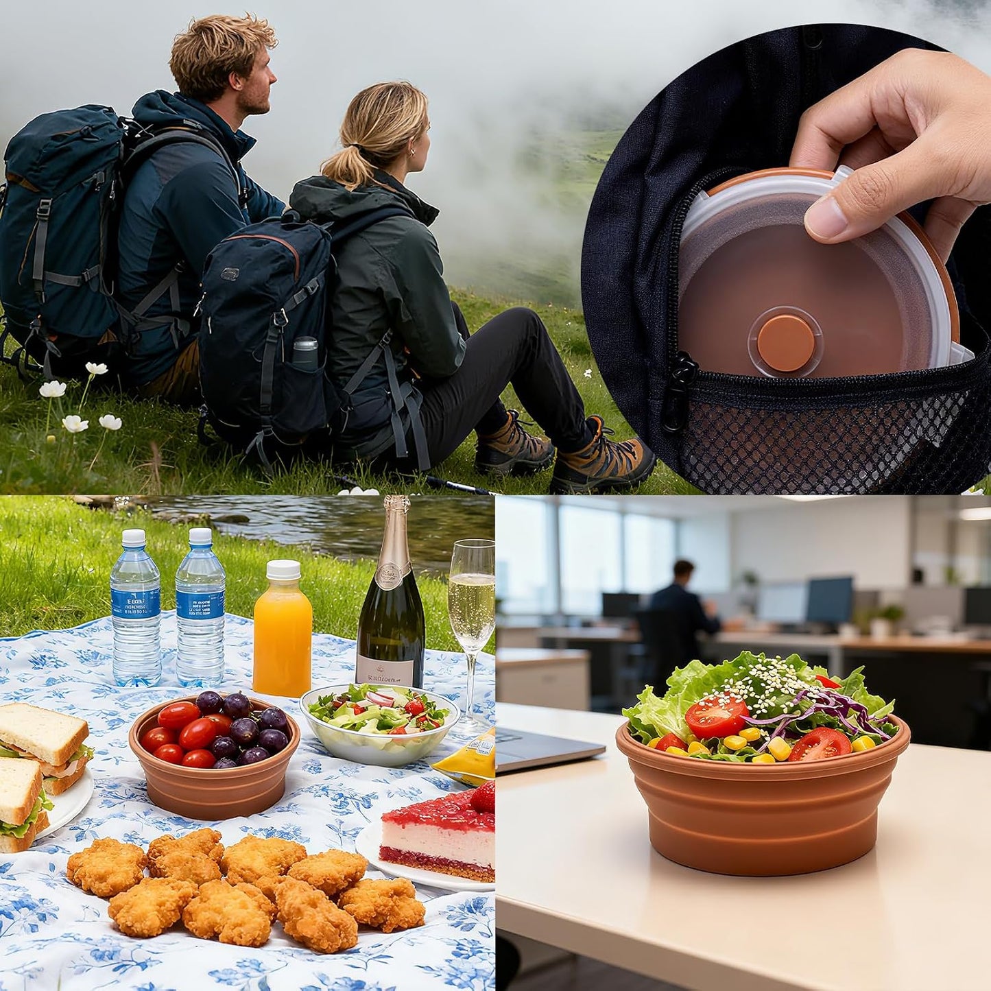 Collapsible Bowls with Lids, Reusable Silicone Food Storage Containers for Meal Prep, Camping Must Haves Accessories ， Microwave Freezer Safe Dishwasher Safe Leak Proof，Set of 4 with Lids