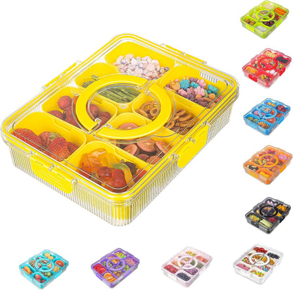 Patent Divided Serving Tray with Lid & Handle - Snackle Box Organizer for Charcuterie, Sandwiches, Veggies, Fruits, Candy - Portable Food Storage for Travel, Beach, Picnics（1 pcs, Orange）