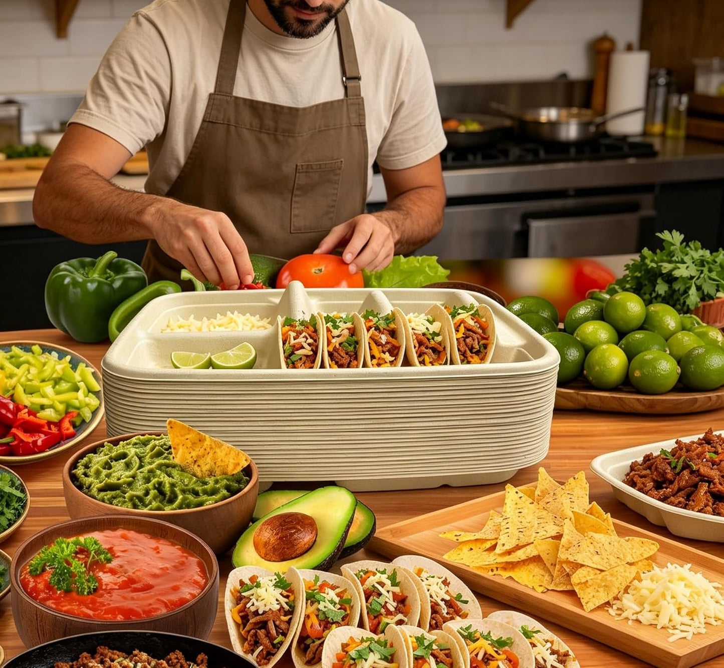 Disposable Taco Plates for 2 Tacos & 2 Sides – 25 PACK | Premium Paper Plates with Dividers, Fiesta Taco Holder, Taco Stand for Tuesday & Bar Serving Set