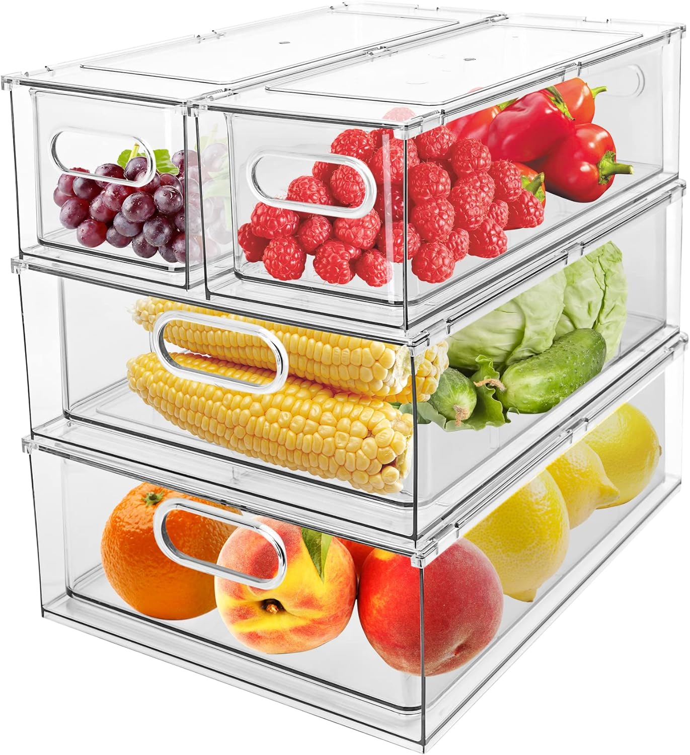 2 Pack Refrigerator Organizer Bins Stackable Fridge Organizer Set with Pull-out Drawer Clear Vegetable Fruit Storage Containers for Kitchen Pantry Organization