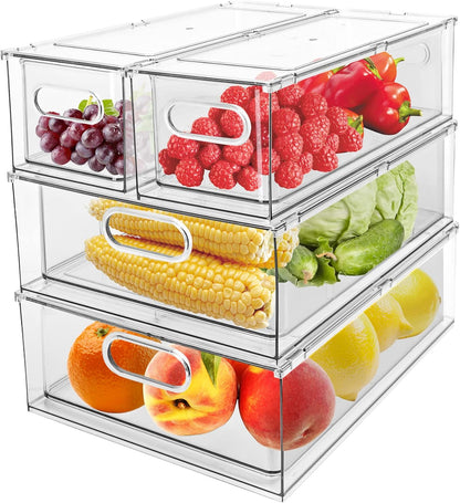 2 Pack Refrigerator Organizer Bins Stackable Fridge Organizer Set with Pull-out Drawer Clear Vegetable Fruit Storage Containers for Kitchen Pantry Organization