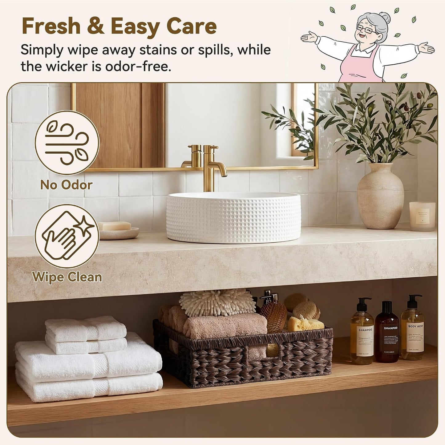 GRANNY SAYS Wicker Storage Baskets for Shelves, Water Hyacinth Basket with Scalloped Edge, Storage Wicker Baskets for Pantry, Large, 2-Pack
