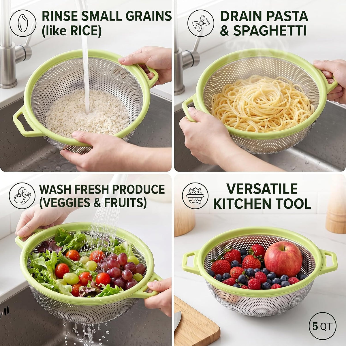 HiramWare Stainless Steel Colander with Handle and Legs, 5 Qt, Green