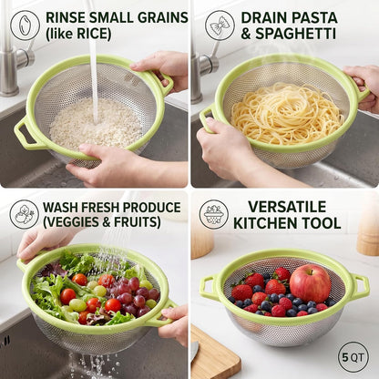 HiramWare Stainless Steel Colander with Handle and Legs, 5 Qt, Green