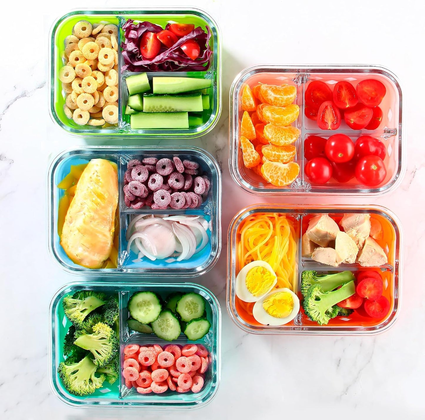 5 Pack Glass Meal Prep Containers 3 Compartment with Lids, Divided Glass Storage Containers with Silicone Sleeve for Lunch, Leak-Proof Portion Control Food Containers, Dishwasher Safe, 34 oz