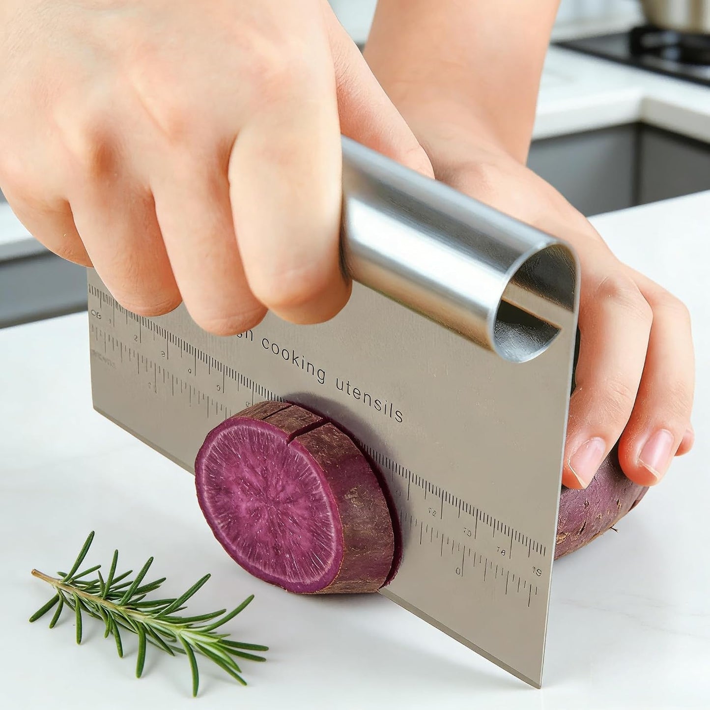 RUPOHIU Dough Scraper for Baking, Stainless Steel Bench Scraper with Measuring Scale - Pizza Cutter, Pastry Chopper for Bread, Cake and Dough, Food Scraper Tool