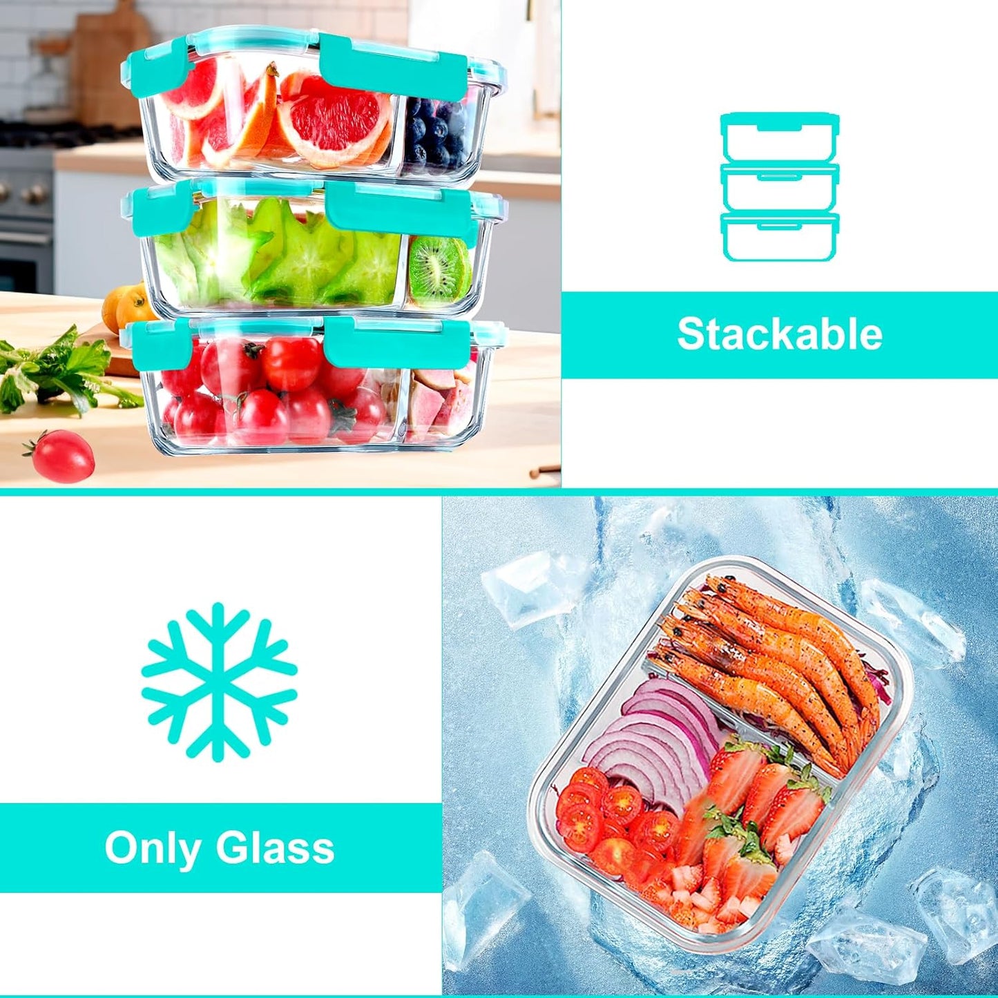 VERONES 5 Pack Glass Meal Prep Containers 2 Compartment Set, 36OZ Airtight Lunch Containers, Glass Food Storage Containers with Lids, for Microwave, Oven, Freezer & Dishwasher Friendly,White