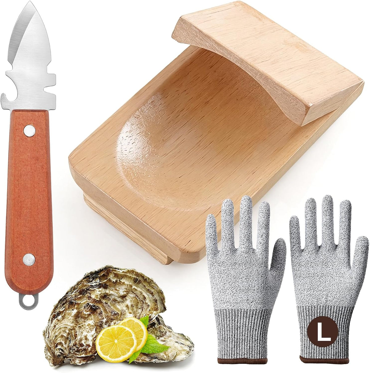Oyster Shucking Knife Set, 3-Piece Oyster Shucker Kit with Wooden Oyster Clamp, Cut Resistant Gloves & Stainless Steel Oyster Knife, Oyster Opener Tool for Clams & Shellfish