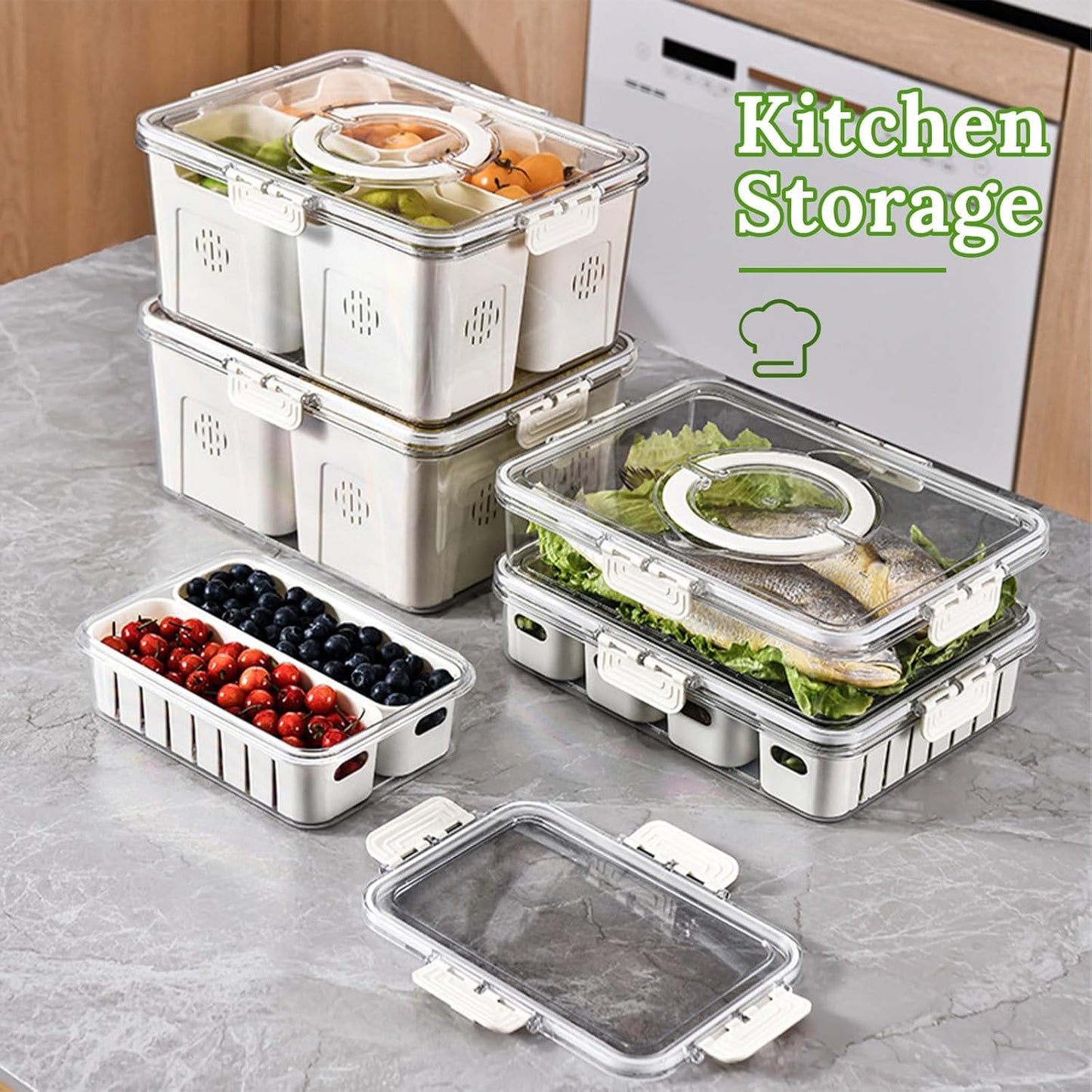 shopwithgreen Divided Serving Tray with Lid, Portable Snack Box Charcuterie Veggie Tray with Lid, Food Storage Organizer with 8 Colandersfor Fruit, Vegetable, Refrigerator, Kitchen, Party, Picnic