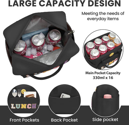 RLGPBON Insulated Lunch Bag Teen Girls, Preppy Lunch Box Large Insulated Lunch Bag Reusable Lunch Tote Bag, Preppy LunchBag for Girls School Travel Picnic