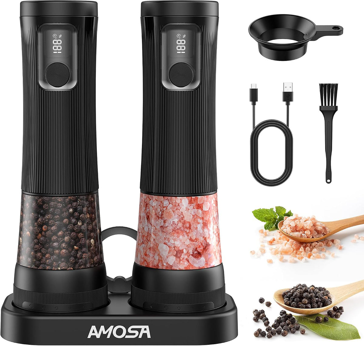 Electric Salt and Pepper Grinder Set, 2 in 1 Dual Bins USB Rechargeable