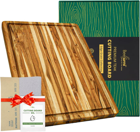 BEEFURNI Large Teak Wood Cutting Board with Juice Groove (22x16x1.25", L)