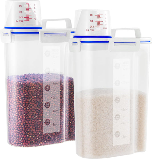 2 Pcs 5.5Lbs Rice Dispenser Storage Containers, Rice Container with Measuring Cup & Pour Spout, Kitchen Plastic Airtight Container for Cereal, Grain, Flour, Sugar, Oatmeal, Dry Pet Dog Food