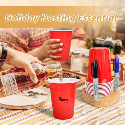 2 Pcs Party Cup Holder with Marker Slot, Wooden Cup Organizer with 2 Markers, Mark Your Cup and Drink Up, Plastic Paper Cup Dispenser, Fits 10 12 16 18 oz Disposable Drinking Cups