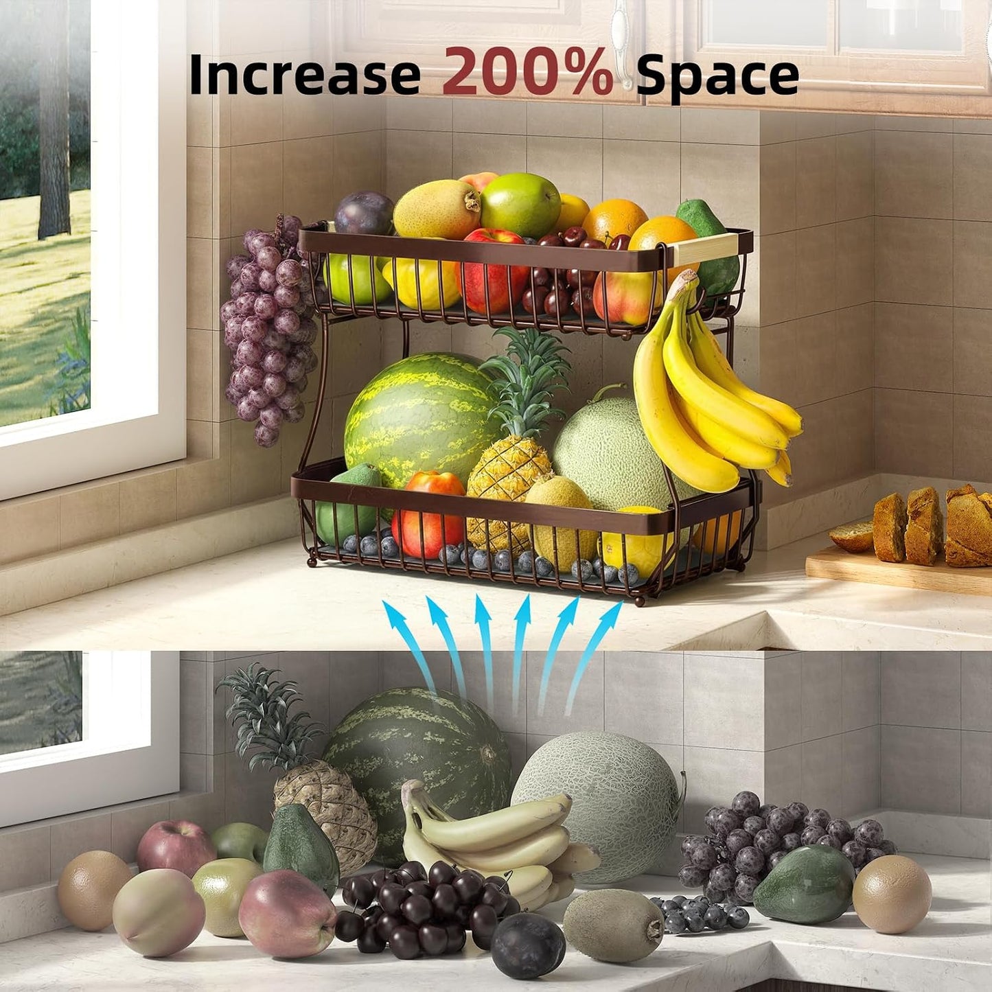 Sevenblue 2 Tier Large Fruit Basket for Kitchen Counter with 2 Mobile Banana Hangers, 2026 Pro Detachable Metal Fruit Bowl with Wooden Handle, Fruit Holder for Bread Snack Veggies with Protective Mats