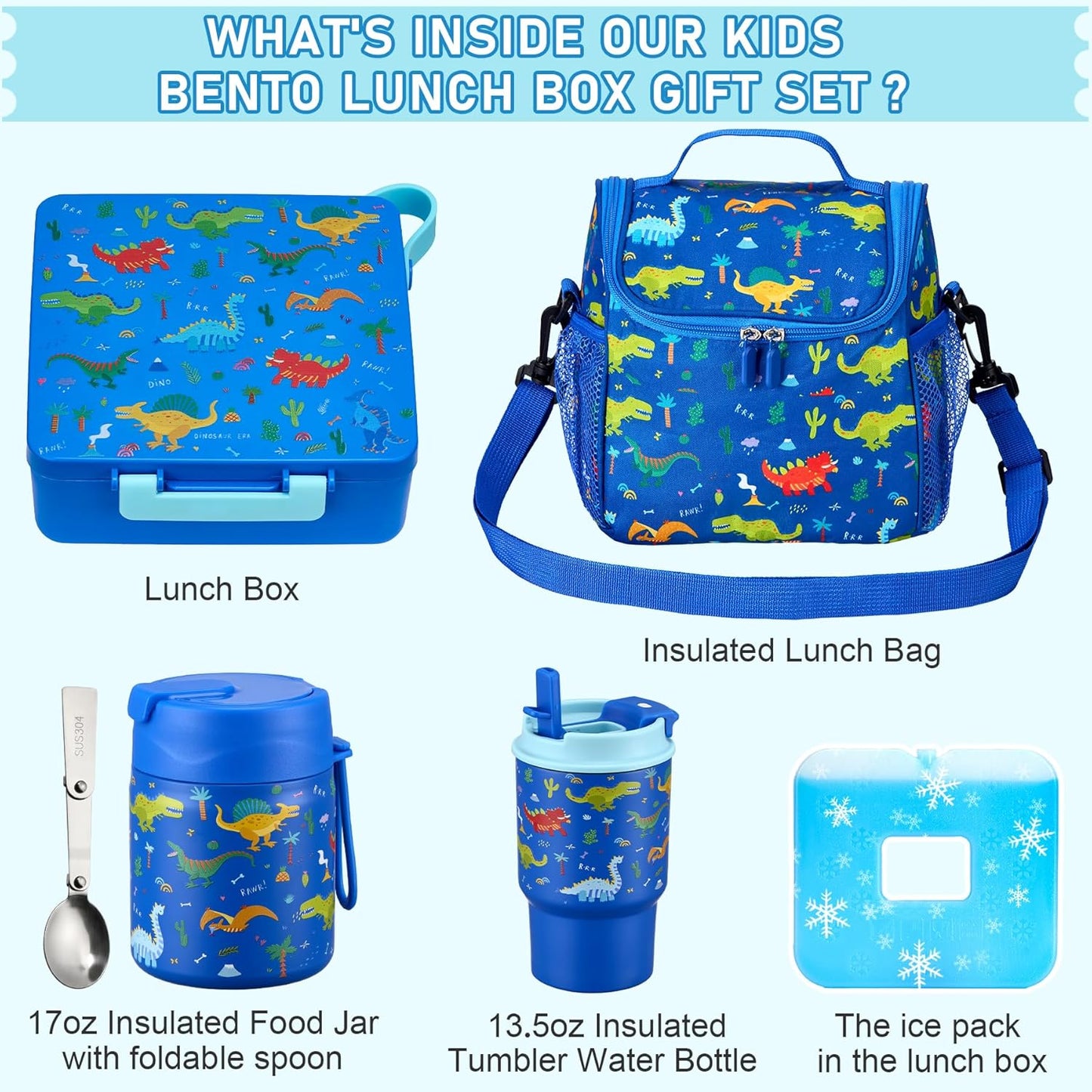Bento Lunch Box for Kids with 17oz Soup Thermo,Insulated Tumbler Water Bottle and Insulated Lunch Bag,Leak-Proof 3 Compartment Lunch Food Container with Ice Pack for Kids to School-Horse