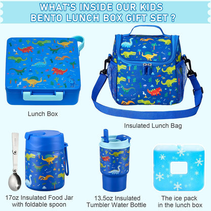 Bento Lunch Box for Kids with 17oz Soup Thermo,Insulated Tumbler Water Bottle and Insulated Lunch Bag,Leak-Proof 3 Compartment Lunch Food Container with Ice Pack for Kids to School-Horse