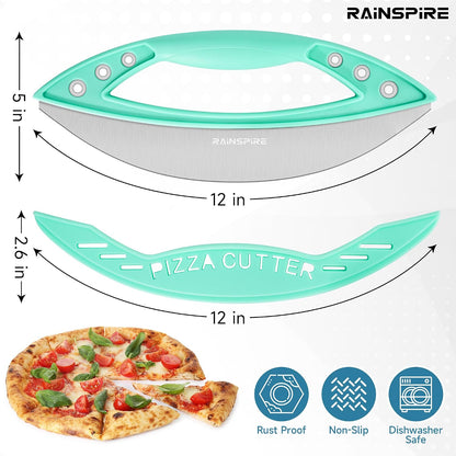 Rainspire 12" Pizza Cutter Rocker Blade Stainless Steel Pizza Rocker with Cover Sharp Blade Pizza Knife Dishwasher Safe Kitchen Gadgets Home Essentials, Black