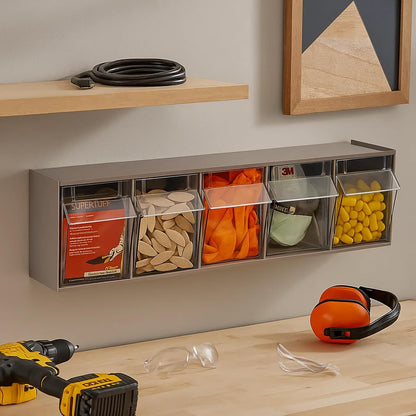 Akro-Mils TiltView Plastic Storage Cabinet with 6 Tilt Out Bins, Horizontal Organizer, Teacher Toolbox, and Office Supply Organizer, 23-5/8" W x 3-1/2" H x 3-3/4" D, Stone