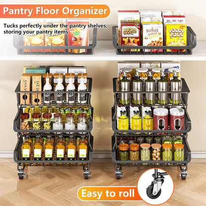 Gsiekare 3-Tier Rolling Pantry Organizer and Storage Cart with Wheels | Stackable wire pantry baskets for pantry shelves, fruit basket stand, easy to move, storage rack for food snack onion potato