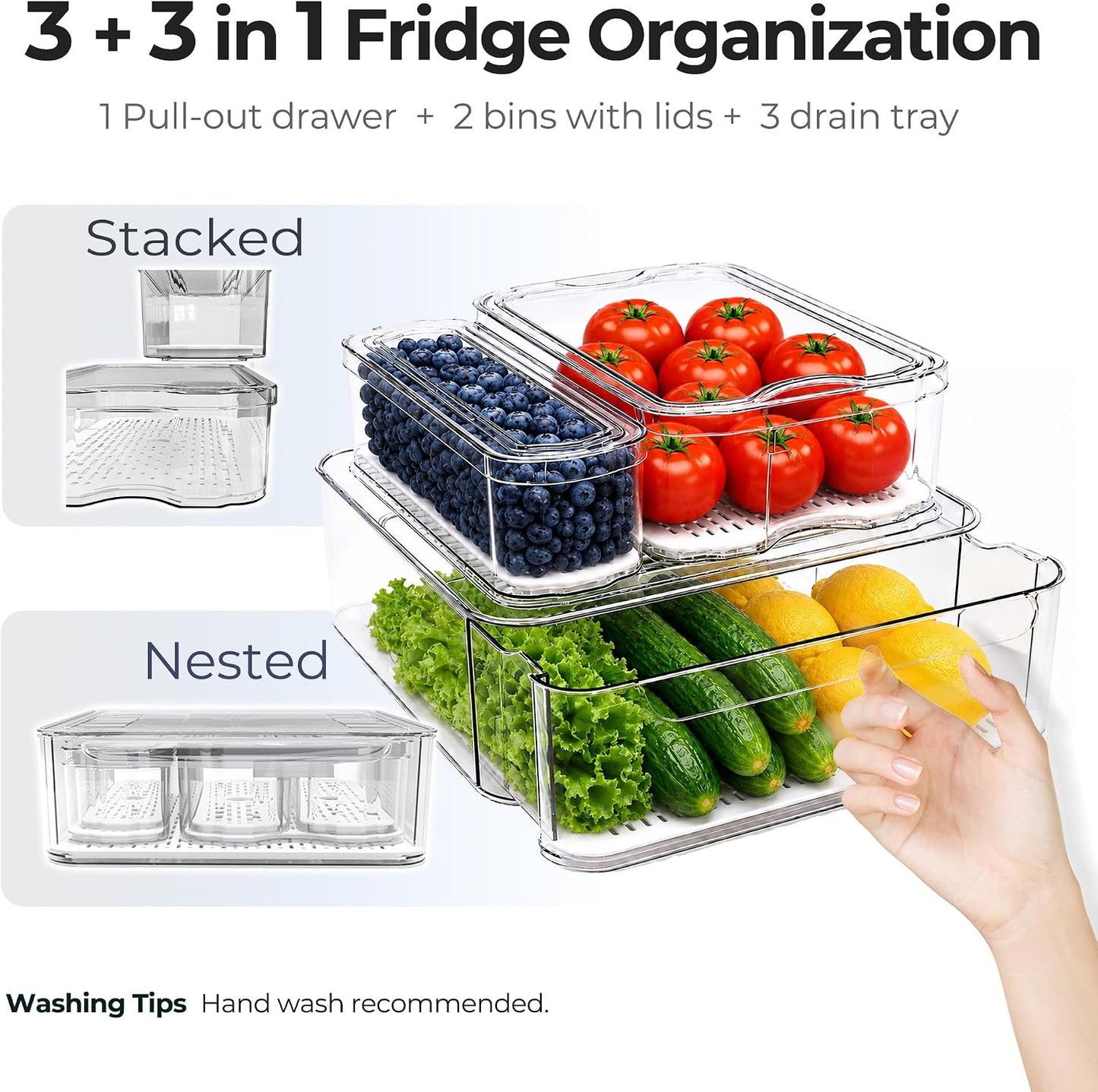 SMRCAD Refrigerator Organizers and Storage, 6 Pack with 1 Pull-Out Drawer and 5 Lidded Bins, Fruit Storage Containers for Fridge with Drain Trays, Helps Keep Produce Fresh