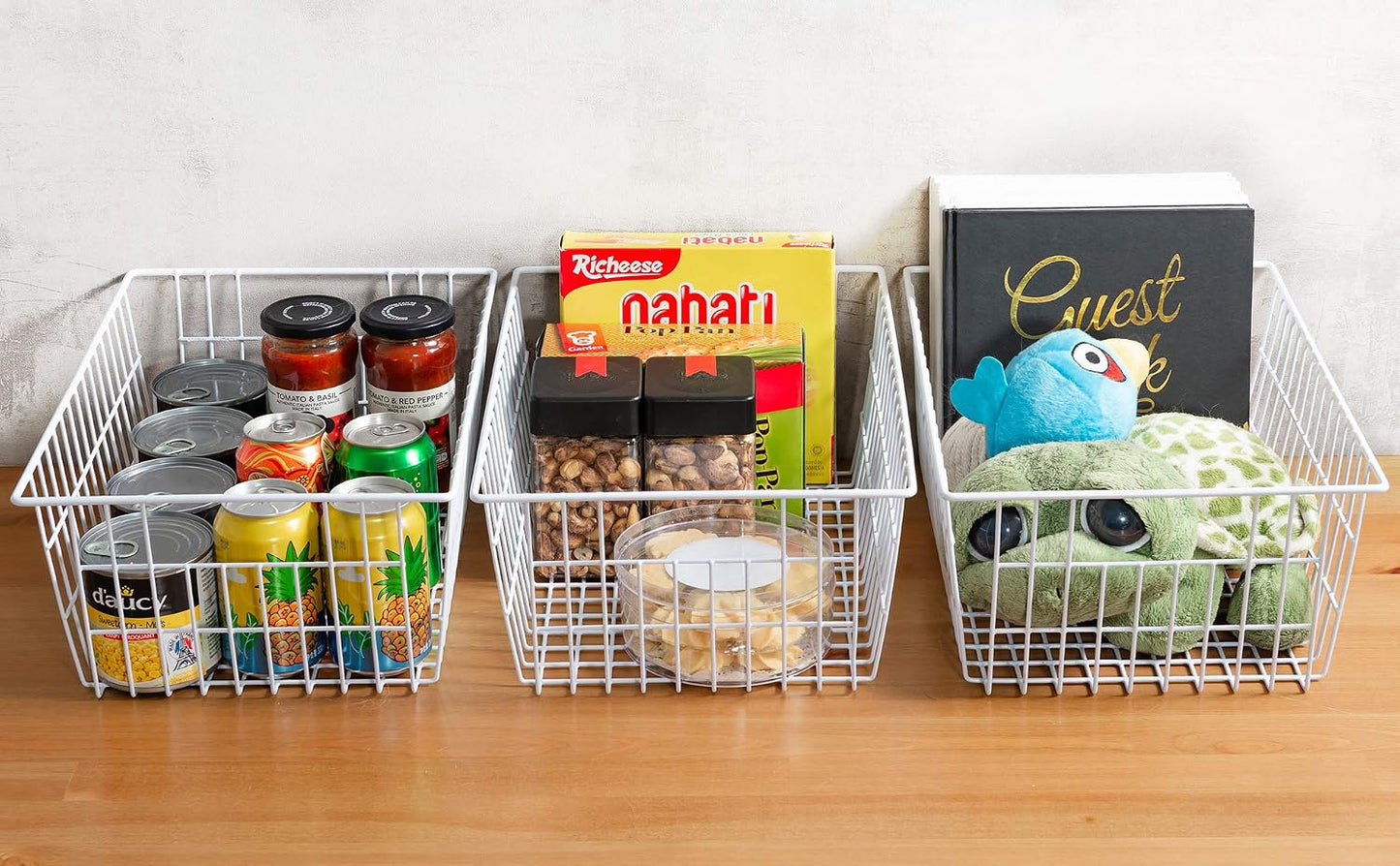 iPEGTOP Wire Storage Freezer Baskets, Set of 2 Large 15.4" Household Metal Organizer Storage Bins Basket for Kitchen Cabinets, Refrigerators, White