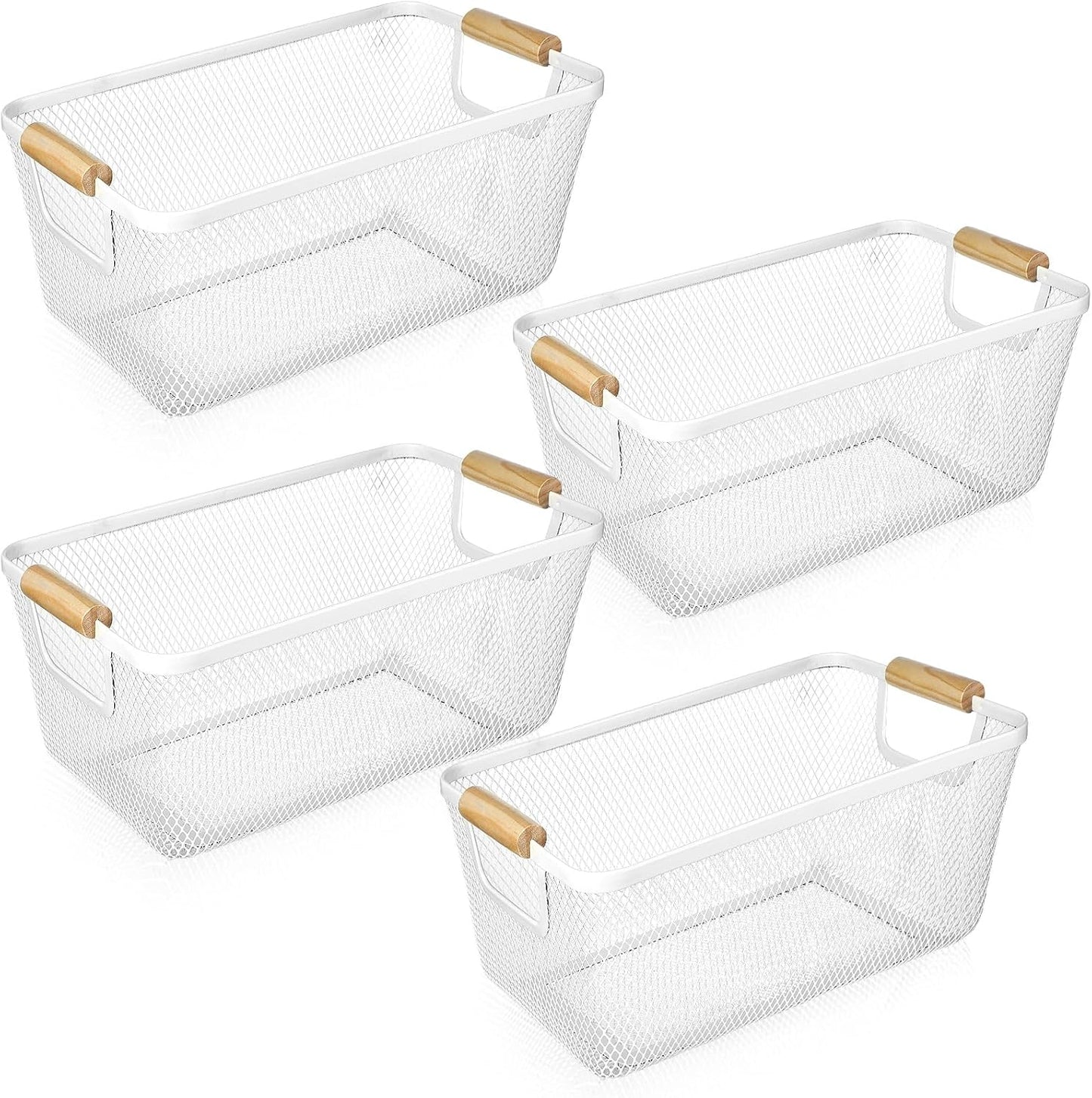 Ziliny 4 Pcs Metal Mesh Wire Baskets with Wooden Handles for Organizing, Pantry Organizers and Storage Steel Bin Kitchen Baskets for Fruit Potato Onion Snacks Bathroom Cabinet(Medium,Cream White)