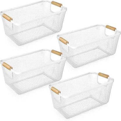Ziliny 4 Pcs Metal Mesh Wire Baskets with Wooden Handles for Organizing, Pantry Organizers and Storage Steel Bin Kitchen Baskets for Fruit Potato Onion Snacks Bathroom Cabinet(Medium,Cream White)