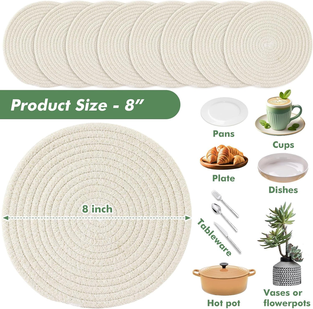 8 Inch Cotton Rope Trivets for Hot Dishes Set of 8 Heat Resistant Mats for Countertop Potholders for Kitchens Trivets for Hot Pots and Pans and Quartz Countertops Farmhouse Kitchen Décor, Mixed Brown