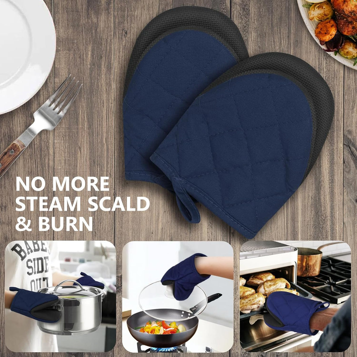 1 Pair Short Oven Mitts - Silicone Kitchen Oven Gloves High Heat Resistant 500℉, Mini Oven Mits with Non-Slip Grip Surfaces and Hanging Loop for BBQ, Baking, Cooking and Grilling (Black)