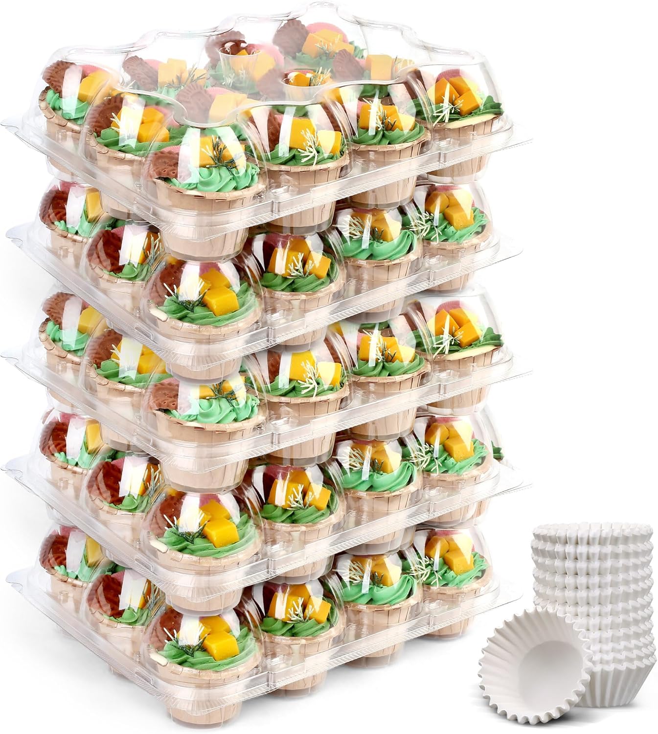 LotFancy (12 Count x 12 Sets) Cupcake Containers with 144 Liners, Thick Plastic Cupcake Boxes Holders, BPA Free, Disposable Cupcake Carrier with Detachable Tall Dome Lid