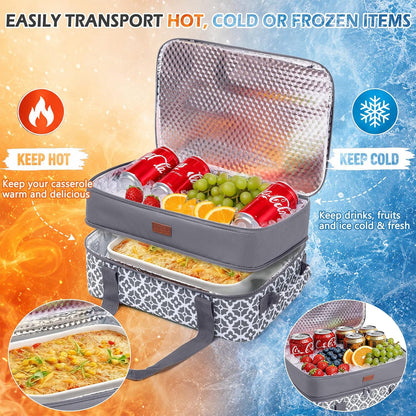 Double Layer Insulated Casserole Carrier, Fits 9" x 13" Baking Dish, Food Transport Carrier with Utensil Pocket for Hot & Cold Dishes, Reusable Potluck Tote for Thanksgiving, Parties&Family Gatherings