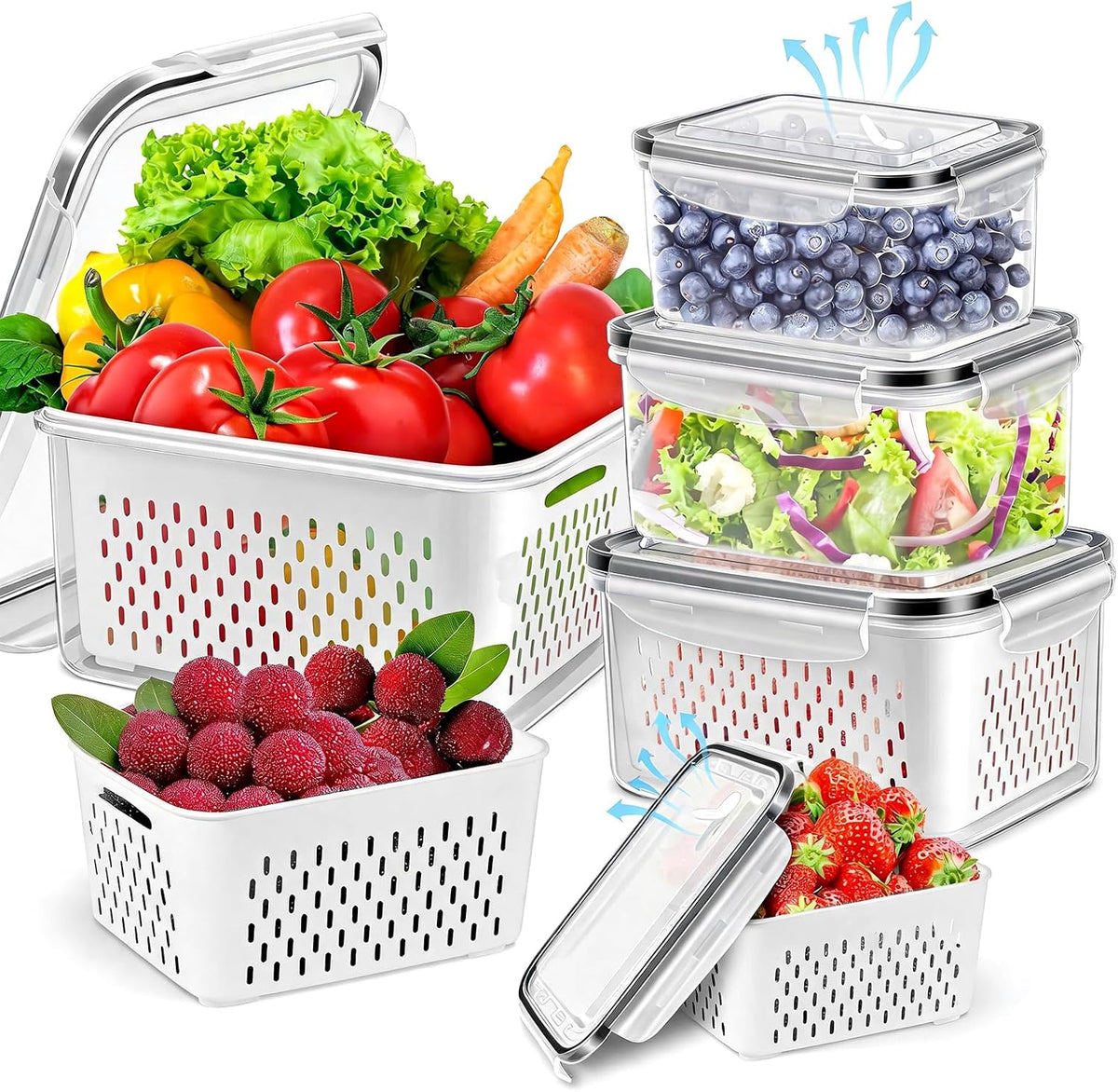12 Pieces Fruit Storage Containers For Fridge with Removable Colanders