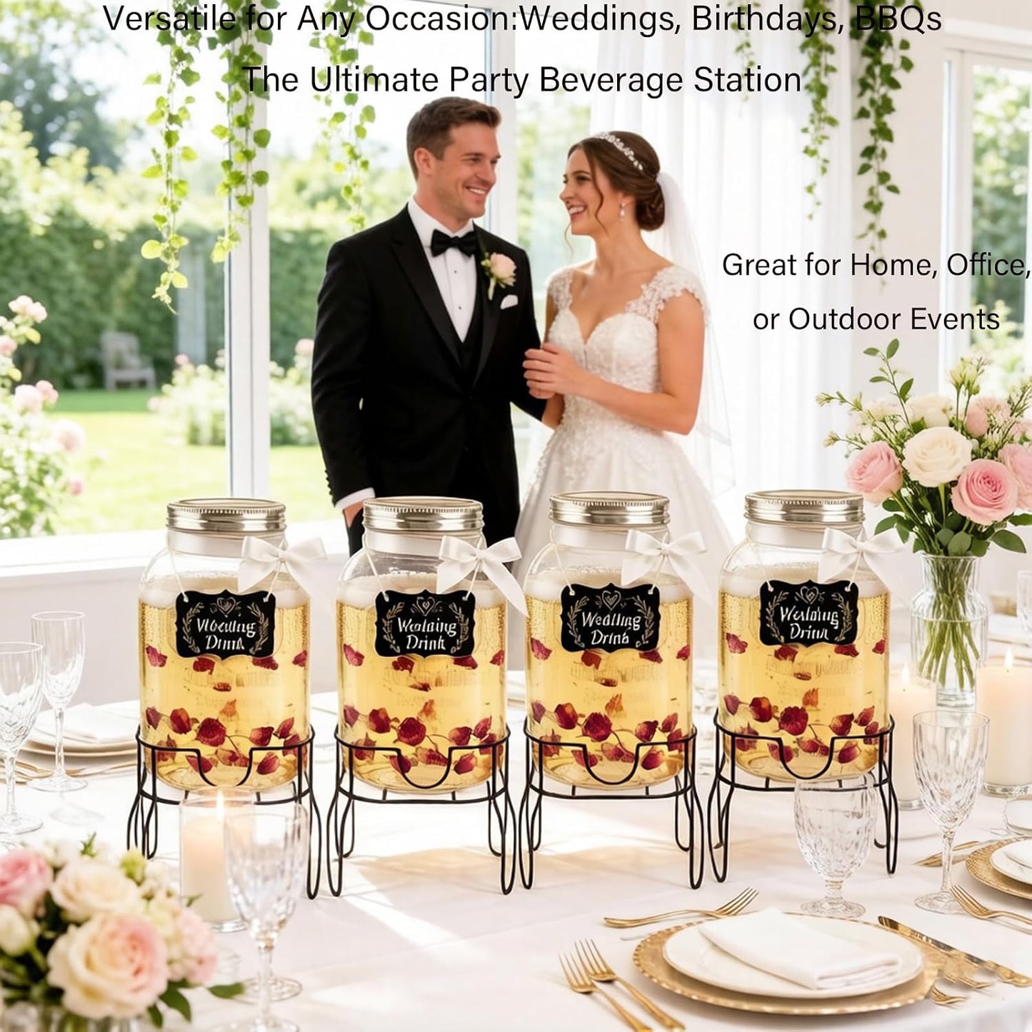 2 Gallon Glass Beverage/Drink Dispenser with Stand, Lid & Ice Core | Leakproof 18/8 Stainless Steel Spigot | Mason Jar Style for Party, Iced Tea, Outdoor & Home