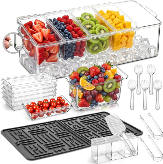 Ice Chilled Condiment Caddy with Drain Plug, 5 Containers with Lids, 85 oz Ice Capacity, 11 Pcs Complete Garnish Tray Condiment Server Set with Drainer Mat Cutlery Holder for Taco Bar Party