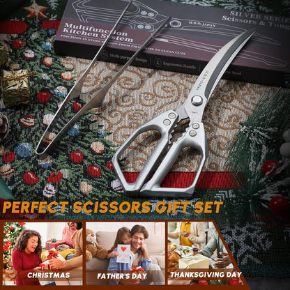 HUUSK Kitchen Scissors Set Silver - Stainless Steel Kitchen Shear, Sharp Meat Scissors, Heavy Duty Poultry Shears, Japanese Cooking Scissor for Food, Gifts for Men Women