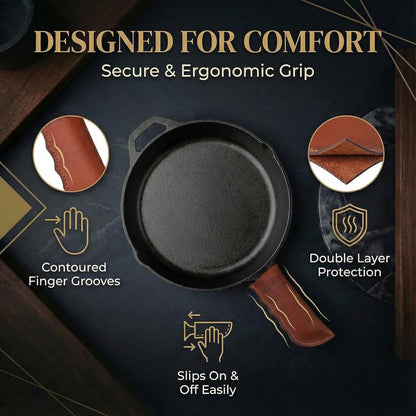 Leather Cast Iron Skillet Handle Cover Set of 2, Pan Handle Sleeve