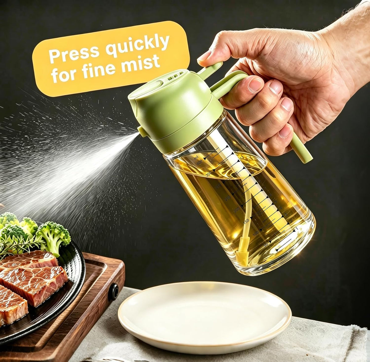 AT-VALY 2-in-1 Oil Sprayer for Cooking, 16oz Glass Oil Dispenser, Black