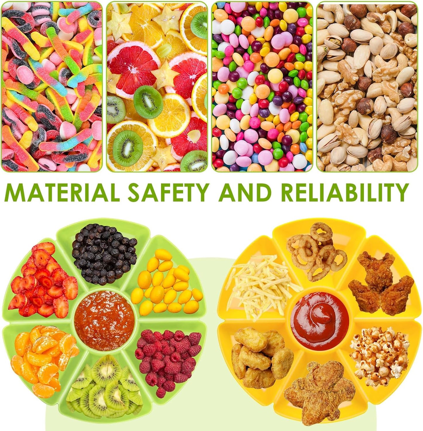 3 Pcs Sectional Round Plastic Serving Tray Platters 11inch Unbreakable Chip and Dip Divided Serving Plates,Round 7 Compartments Multifunctional Food Platter for Snack,Nuts,Candy,Dried Fruit,Veggies