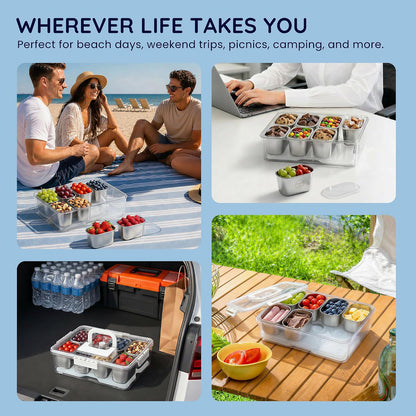Snackle Box Container with Reusable Ice Pack, 8-Compartment Divided Serving Tray with Lid & Handle, Cooling Charcuterie Snack Box Organizer for Travel, Outdoor Parties, Beach & Picnic