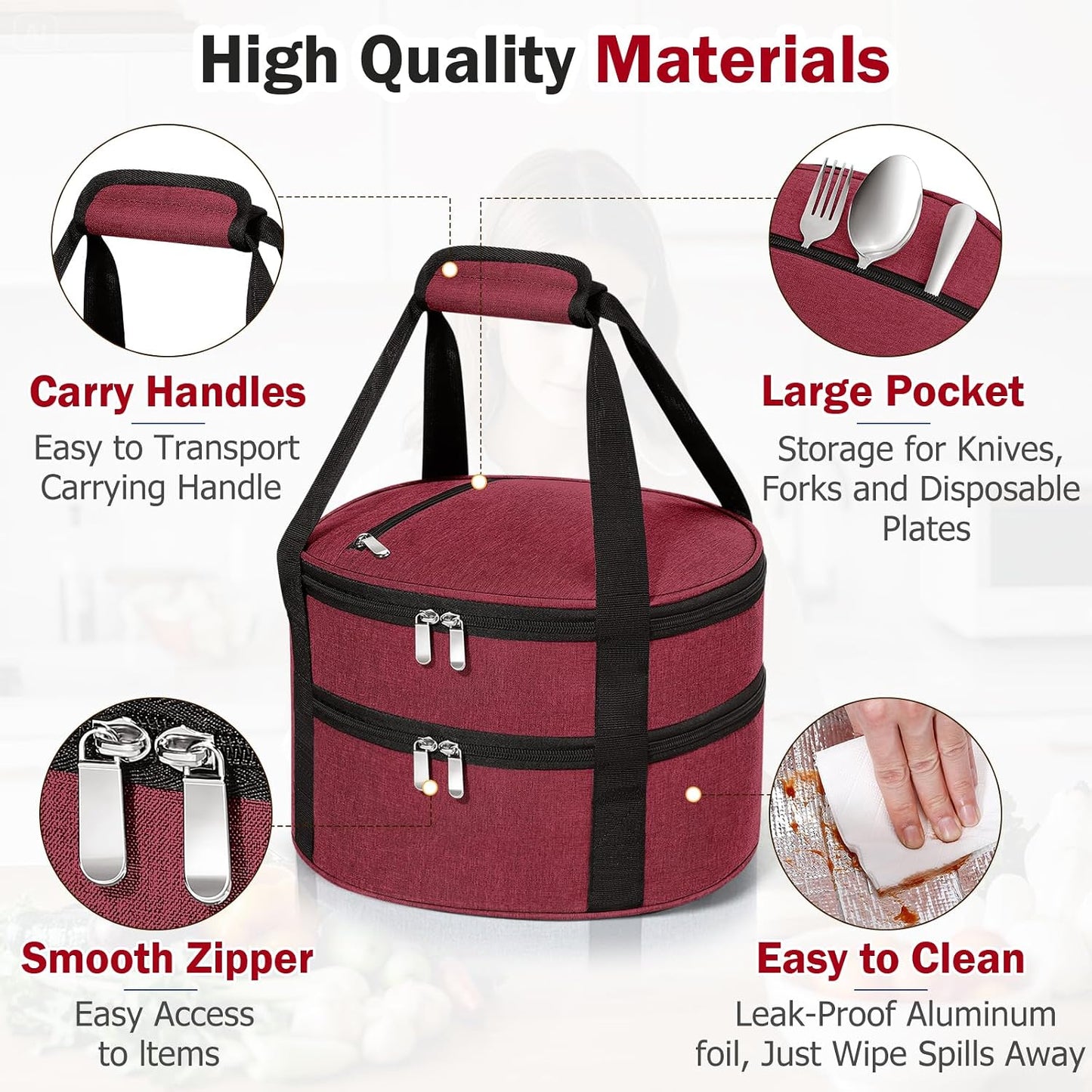 Round Insulated Casserole Carrier – 12" Portable Pie Carrier Bag for Hot or Cold Food, Leakproof Thermal Lunch Tote with Handle for Parties Picnic & Travel - Grey