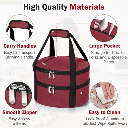 Round Insulated Casserole Carrier – 12" Portable Pie Carrier Bag for Hot or Cold Food, Leakproof Thermal Lunch Tote with Handle for Parties Picnic & Travel - Grey