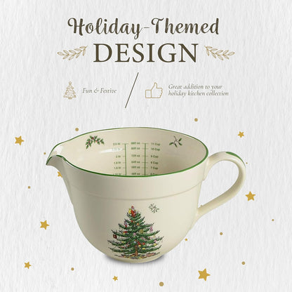 Spode Christmas Tree Batter Jug - Large 2 Quart Mixing Bowl with Handle & Spout, Holiday Bakeware for Pancakes, Cookies & More - Dishwasher Safe Earthenware with Interior Measurements