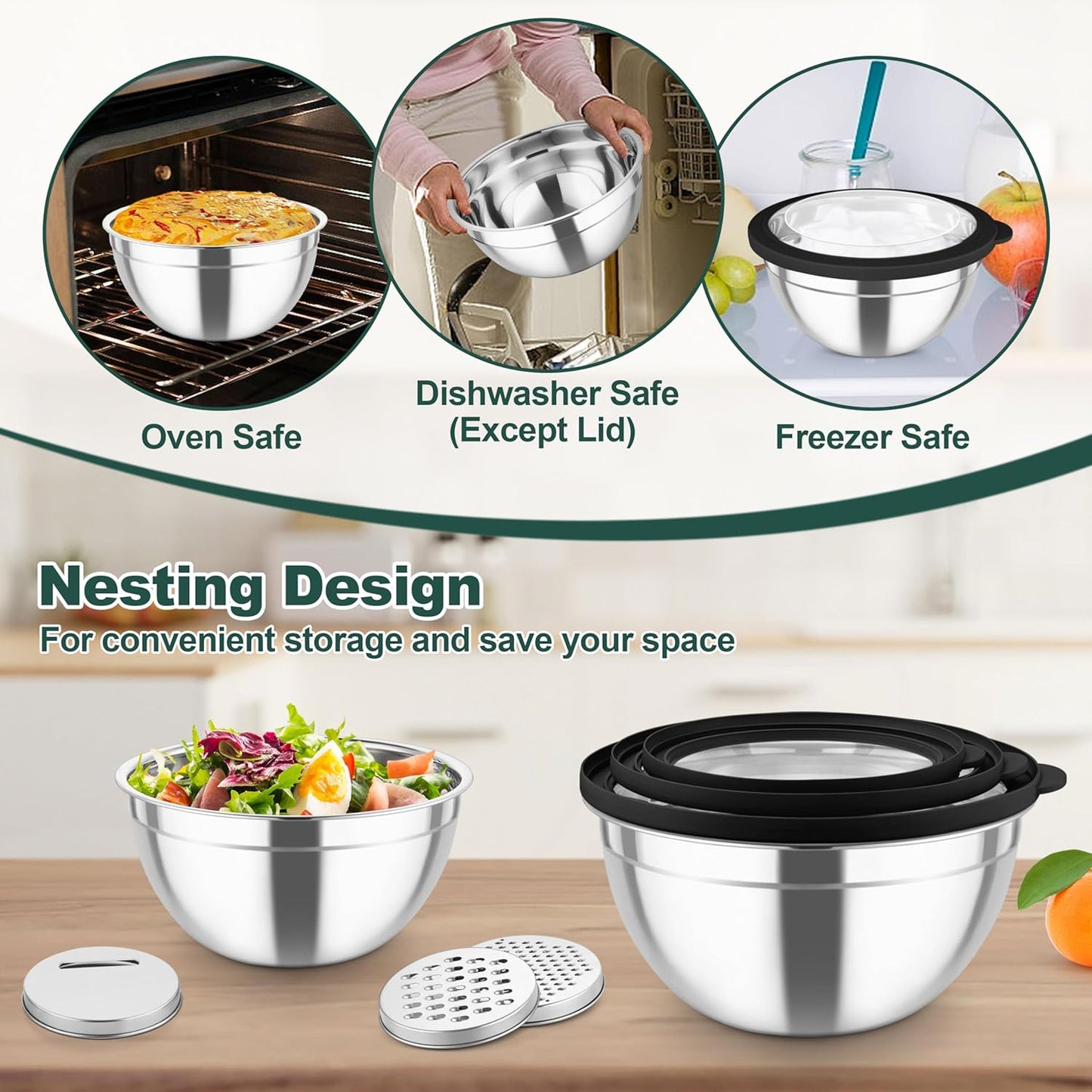 TeamFar Mixing Bowls, Stainless Steel Salad Serving Bowl with Clear Lids & 3 Graters, For Kitchen Cooking Prepping Storing, Size 4.6/2.6/1.5/1/0.7 QT, Nesting & Airtight, Set of 5 & Khaki