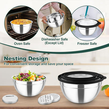 TeamFar Mixing Bowls, Stainless Steel Salad Serving Bowl with Clear Lids & 3 Graters, For Kitchen Cooking Prepping Storing, Size 4.6/2.6/1.5/1/0.7 QT, Nesting & Airtight, Set of 5 & Khaki
