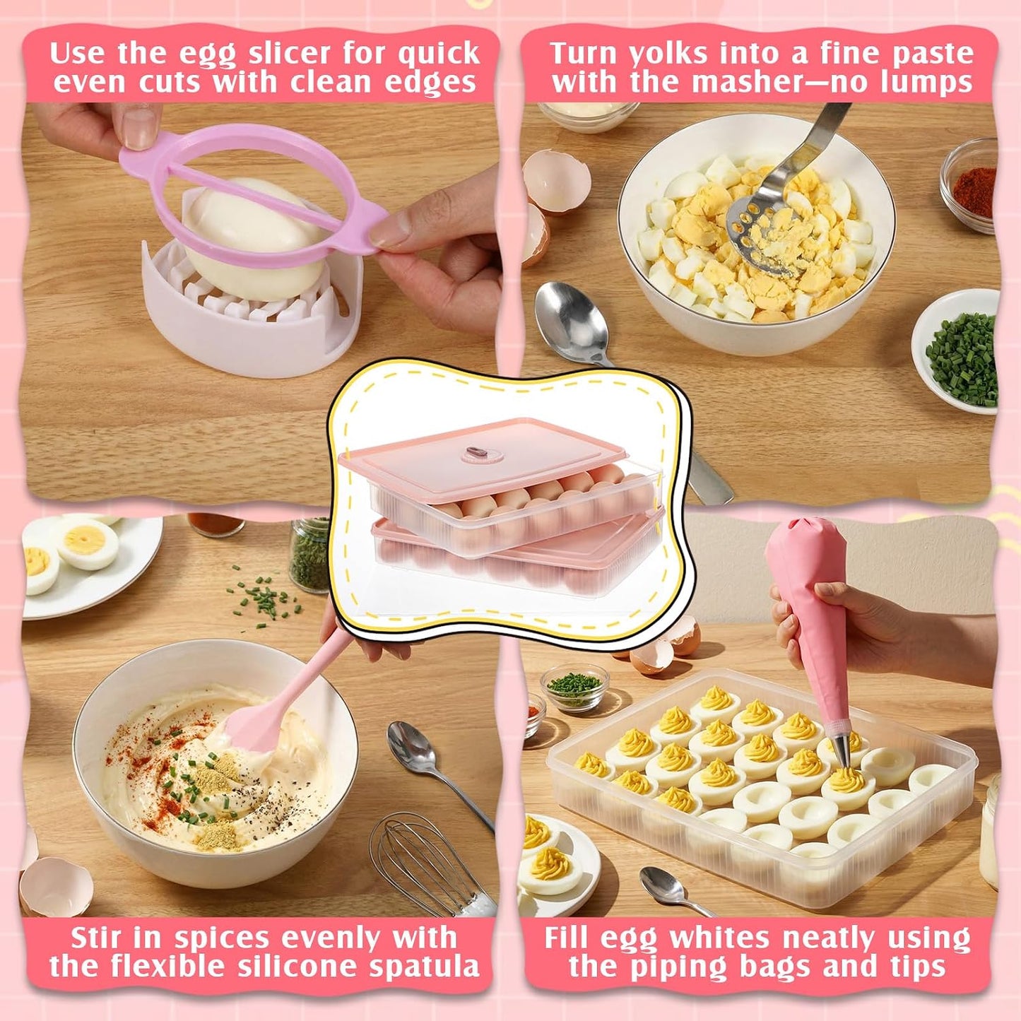 2 Pack Deviled Egg Container with Lid and Piping Bags and Tips Set Portable Plastic Deviled Egg Tray Carrier Organizer Reusable Cake Decorating Kit for Home Easter Party Kitchen Fridge